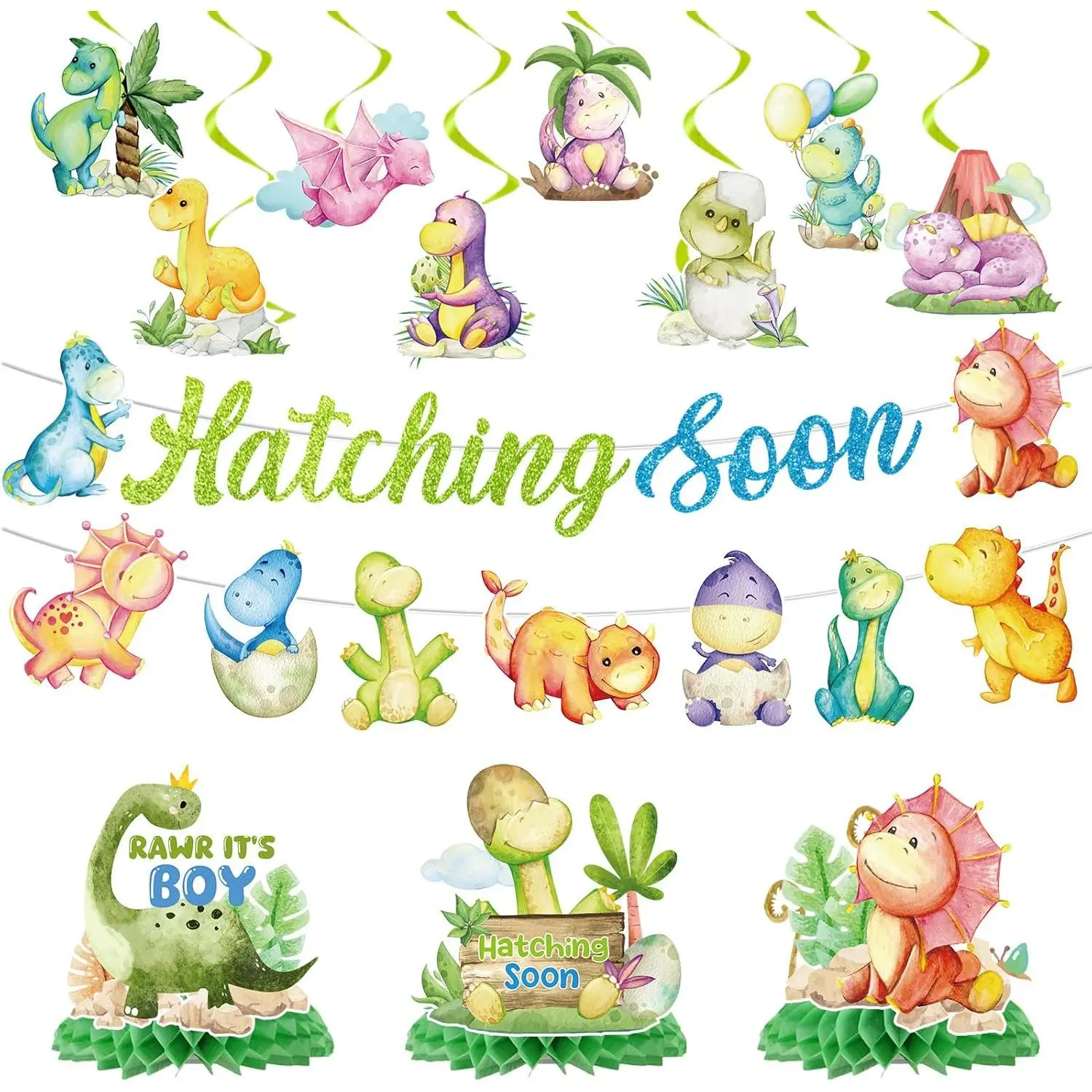 Dinosaur  Shower Decorations, No-DIY Hatching Soon Banners  Shower Decorations Boys, Cartoon Dinosaur Hanging Swirls  Centerpieces Party Decor