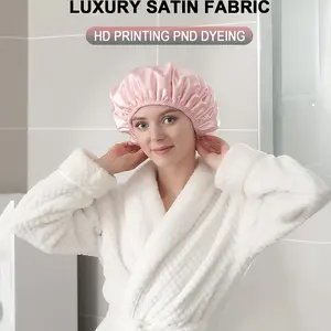 2pcs Pink Shower Cap for Women, Triple Layer High Quality Bath Cap with Silky Satin Outer Layer & Terry Lining, Extra Large 13 Inch Diameter, Reusable & Comfortable for Long Hair, Dreadlocks & Extensions, Perfect for Shower, Bath & Travel