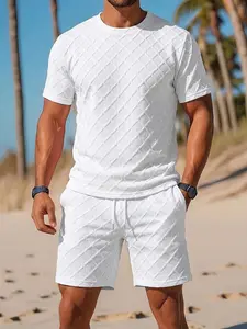 Men's Casual Outfit Crew Neck Diamond Textured T-Shirt & Drawstring Waist Shorts Beach Vacation Summer Outfit