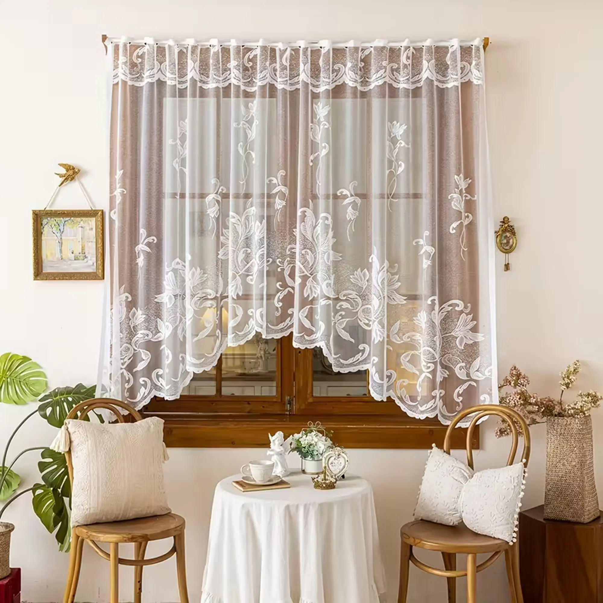 1pc French European Lace Peony Large Triangle Partition Curtain, Embroidered Flower Coffee Door Curtain, Short Window Curtains, Easy Install Curtain, Home Decoration Curtain
