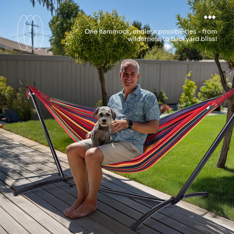 Double Hammock with Space Saving Steel Stand Heavy Duty 2 Person Standing Hammocks 450lb Capacity for Outside Garden Yard with Portable Carrying Bag