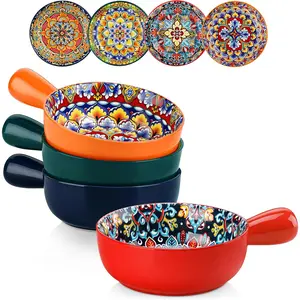 Soup Bowls with Handles, 23 Oz  Onion Soup Bowls Oven Safe, Bohemian Ceramic Soup Crocks for Cereal, Pasta, Beef Stew, Chilli, Microwave Dishwasher Safe-6.2 inch, Set of 4