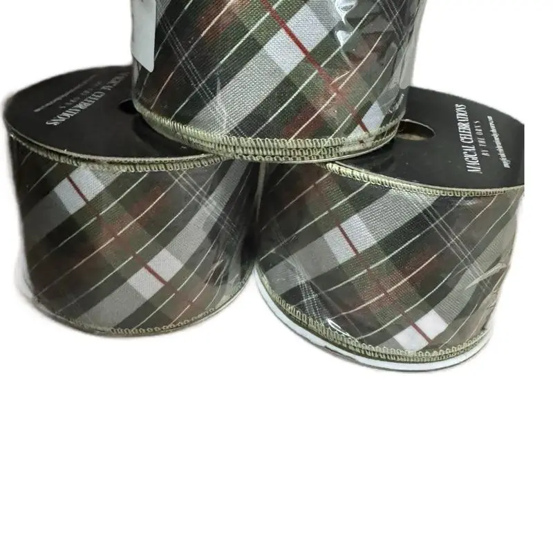 2.5-inch-wide Warm Cross-Plaid Craft Ribbon, 10 yd with Built-in Wire Edge, for Office Stationery, Gift Wrapping & Craft Projects