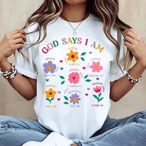 Floral Bible Verse God Says I Am T Shirt White Casual Loose Fit Tee For Women Perfect For Everyday Wear And Light Activities