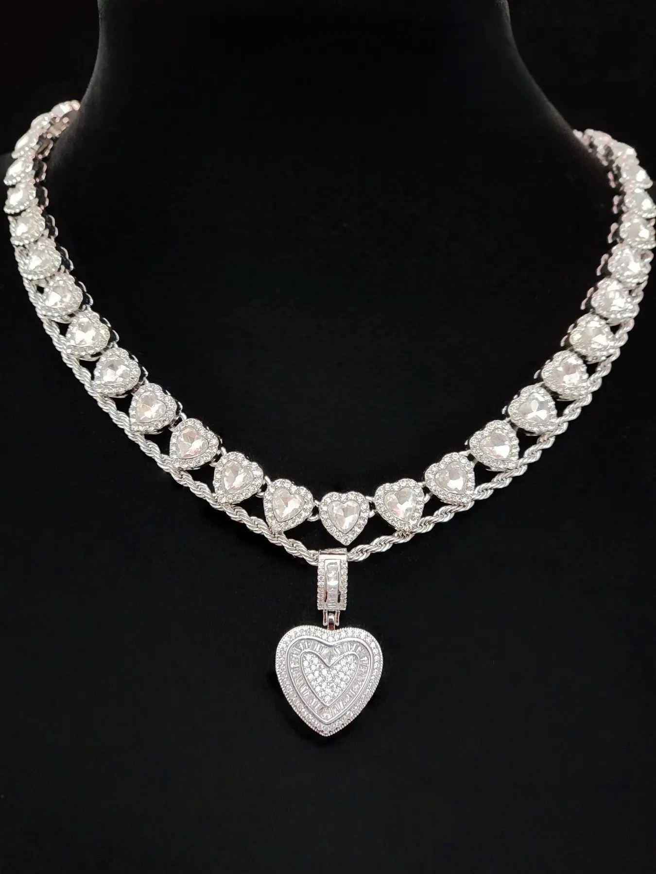 2Piece/Set Women Hip Hop Heart Pendant Necklace Set Jewelry, Artificial Zirconia & Glass Rhinestone Chain Necklaces, Street Style Jewelry for Daily Wear or Party Gifts