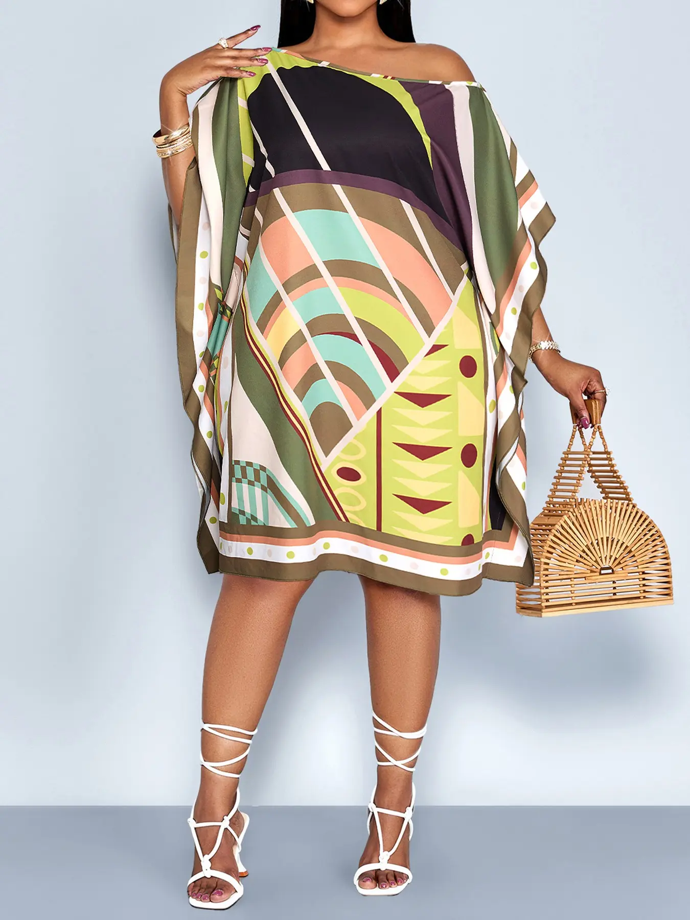 Plus Size Summer Casual Fashion Women's Print Plus Size Dress, Asymmetrical Neck Batwing Sleeve Loose Fit Midi Dress, Trendy Summer Plus Size Apparel, Casual Chic Dress, Womenswear