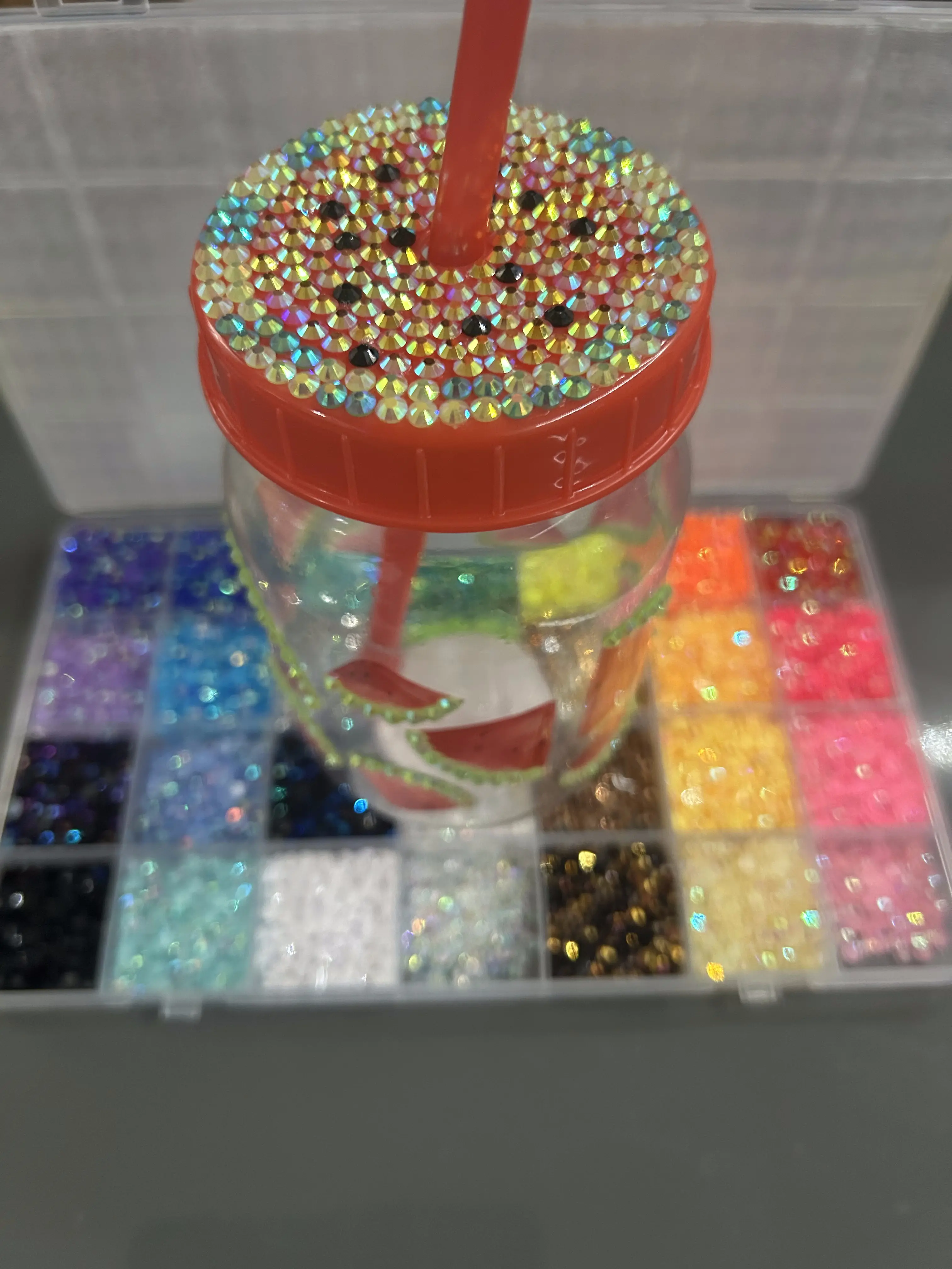Handmade Rhinestone Tumbler | Watermelon Design | Custom Blinged Out Cup | AB Crystal Bling Jar Cup with Straw | Summer Aesthetic