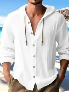 Men's Fashion Casual Beach Hooded Long Sleeve Fitted Cardigan, Breathable Lightweight Linen Shirt, 95% Linen 5% Polyester, All Seasons Wear