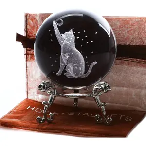 F-SO16  60mm 3D Laser Etched Cat Crystal Ball with Moon Stars Cat Glass Paperweight Figurine for Cats Lovers Home Decor Christmas Decoration
