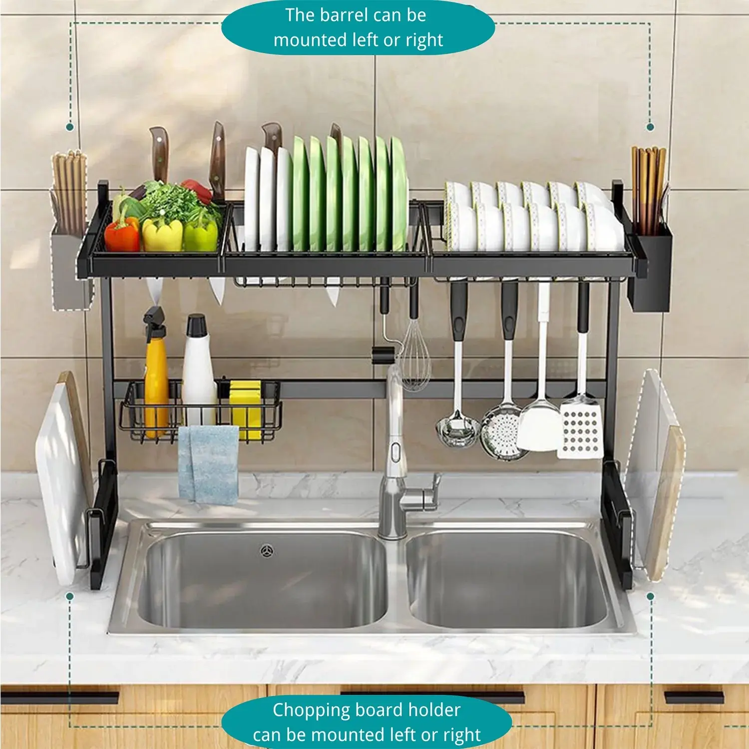 SURUIHK 2-Tier Stainless Steel Rectangle Oversink Dish Drying Rack - Hanging Mount Kitchen Accessory, Countertop Organizer Stand Draining Boards, Adjustable Foldable Shelf, Utensil & Bowl Holders, Easy Installation, Kitchen Accessories, Hanging Rack Drain