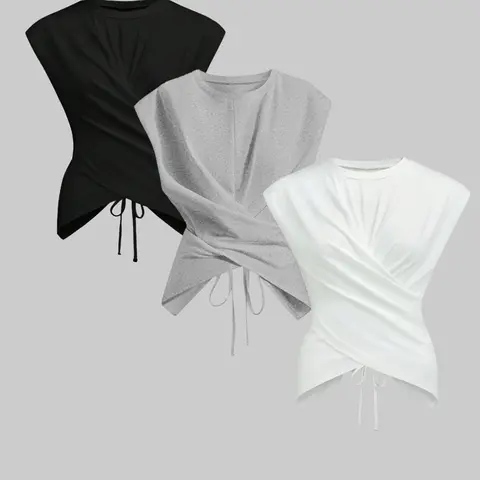 Women's Basic Round Neck Tie Back Cap Sleeve Knitted T-Shirt, Minimalist Casual Fit Asymmetrical Hem Ruched Criss Cross Top, Fashion Chic Summer Wear