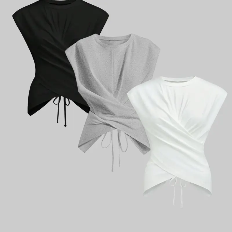 Women's Basic Round Neck Tie Back Cap Sleeve Knitted T-Shirt, Minimalist Casual Fit Asymmetrical Hem Ruched Criss Cross Top, Fashion Chic Summer Wear