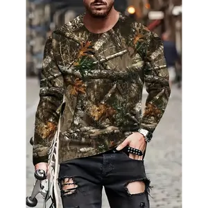 Men's Novelty Camouflage Long Sleeve T-Shirt - Casual Polyester Crewneck, Machine Washable, Outdoor-Inspired Design with Forest and Leaf Patterns, Camouflage Shirt