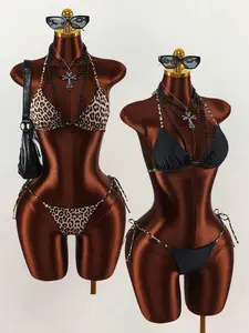 Amplova Reversible Leopard Print Bikini Set for Women, Solid Black 2 in 1 Swimsuit, Sexy Summer Beach Vacation Swimwear