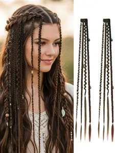 2pcs Boho Dreadlock Clip in Braids, 20 Inch Synthetic Handmade Braided Hair Extensions with Beads Charms, Women Fashion Hairpieces