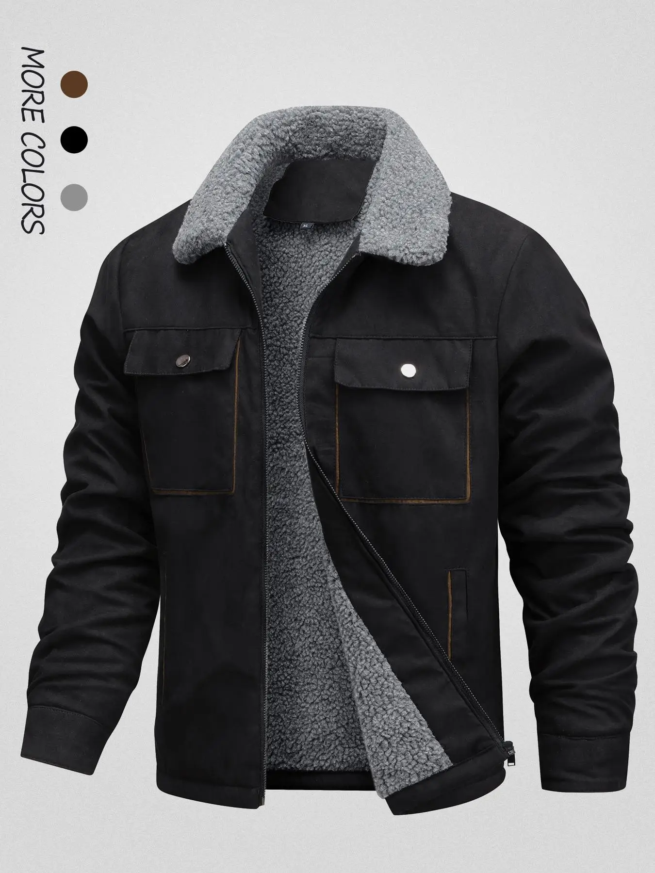 Men's Solid Pocket Zipper Fleece Jacket, Regular Fit Casual Long Sleeve Collared Outerwear for Fall & Winter, Men's Clothes for Daily Wear