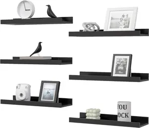 Set of 6 Black Floating Wall Shelves with Lip, Modern Display Ledges for Decor, Pictures, Books, Plants