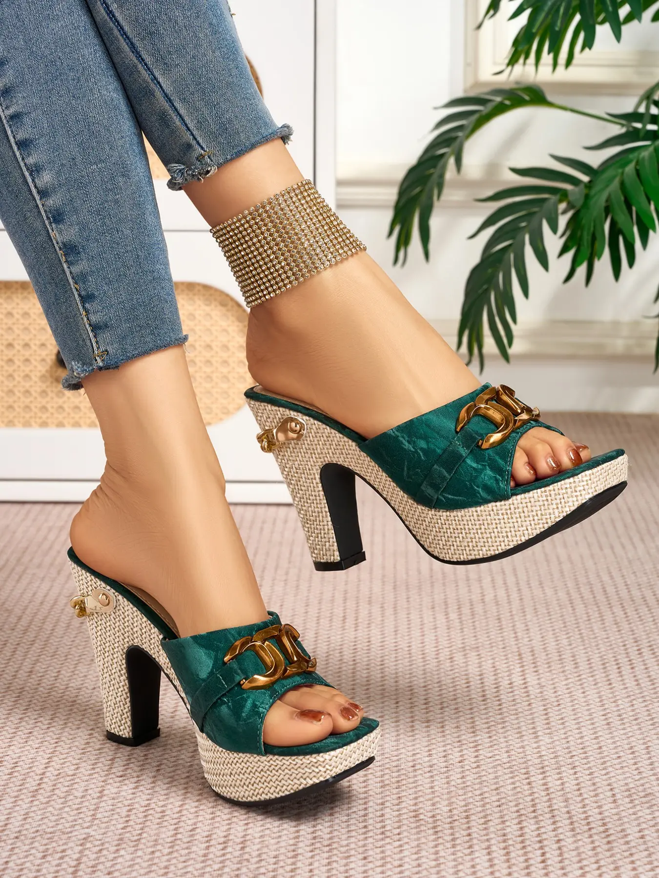 Women's Vintage Texture Metal Buckle High Heel Sandals, Elegant Square Toe Artificial Leather Shoes, All Season Medium Width Footwear, Boho Style Sandal, Open Toe Sandal, Casual Platform Sandals, Elevated Sandals