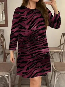 Plus Size Zebra Stripe All over Print Long Sleeve Dress, Elegant Casual Round Neck Dress for Parties and Events, Spring & Fall Fashion