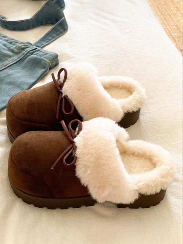 Women's Plush Slippers with Sweet Bow Design, Warm Winter Indoor & Outdoor Shoes, Comfortable Casual Footwear for Fall Season, Home Footwear