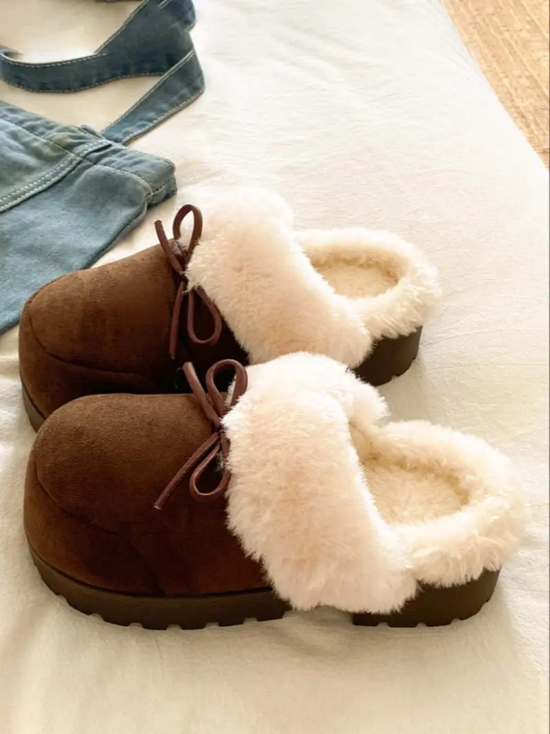 Women's Plush Slippers with Sweet Bow Design, Warm Winter Indoor & Outdoor Shoes, Comfortable Casual Footwear for Fall Season, Home Footwear