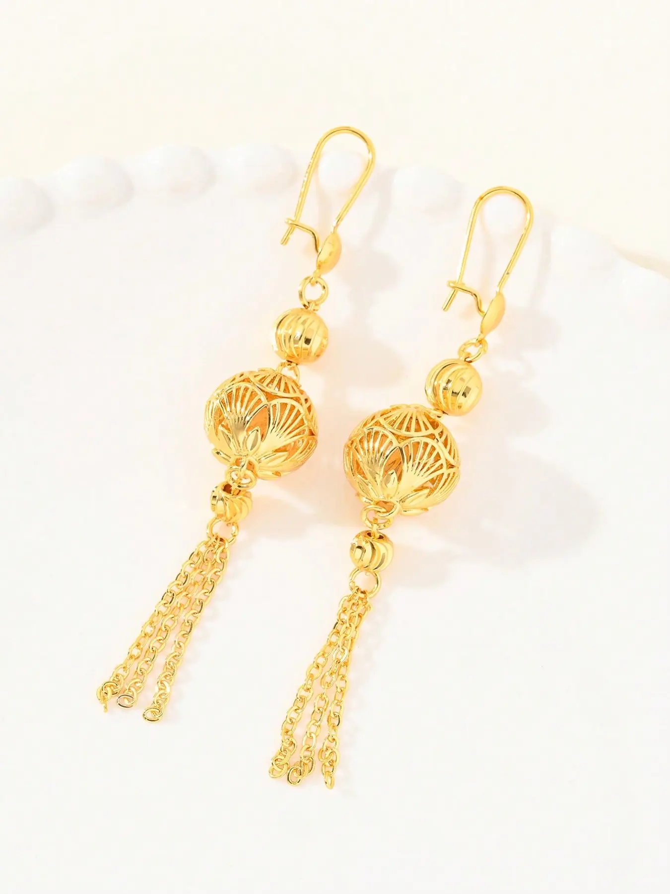12pcs 24k Luxurious Arabic Style Dangle Earrings, Vintage Court Lattice Round Bead Tassel Ear Jewelry, Elegant Accessories, Fashion Dangle Earrings, Drop Dangle Earrings, Earrings Set