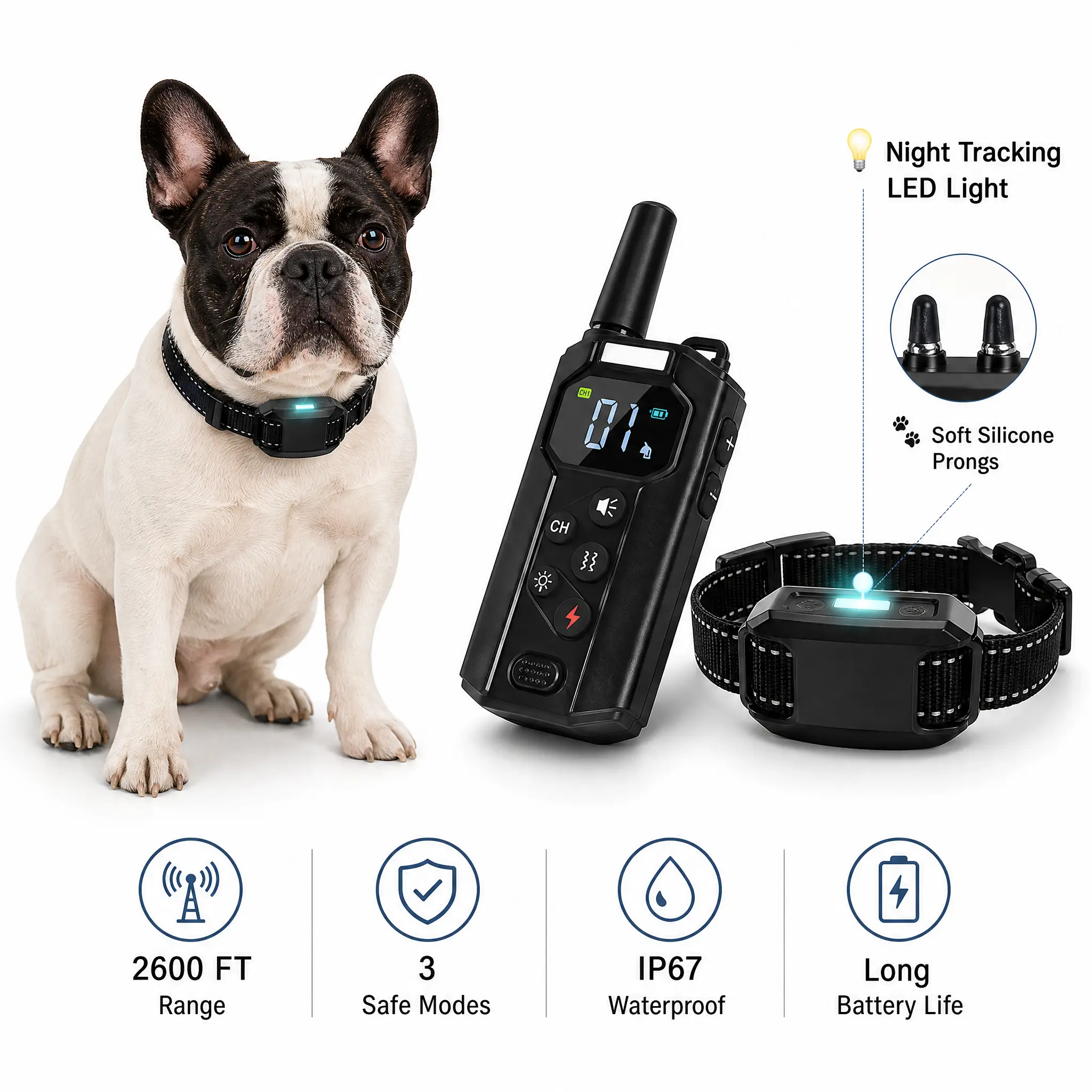 Smart Dog Training Collar with Night LED Light, 2600ft Remote Range | IP67 Waterproof, Security Lock, 3 Safe Modes | Rechargeable Barking Behavior Correction Collar for All Breeds