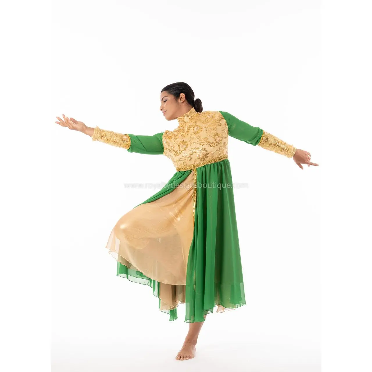 PRINCESS Collection Hi Waist Gold and Green Chiffon Elegant Garment Dress