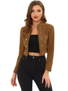 INSPIRE CHIC Vintage Double Breasted Zip Up Faux Suede Cropped Jacket
