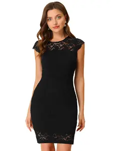 INSPIRE CHIC Women's Elegant Stretch Knit Cap Sleeve Allover Floral Lace Bodycon Dress