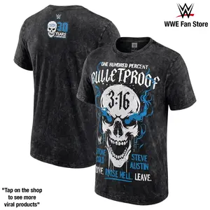 Men’s Black Steve Austin 30th Anniversary Bulletproof “Blood From A Stone” Graphic Tee 230GSM Cotton Vintage Wash Men Top Celebrating The Texas Rattlesnake’s Legendary Attitude Era Career, WrestleMania Battles, Championship Legacy & WWE Hall Of Fame
