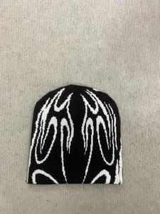 2026 Y2K Flame Graffiti Jacquard Cold Cap, American Street Subculture Brimless Knit Hat, Punk Style Geometric Pattern, Fitted Turban Hat