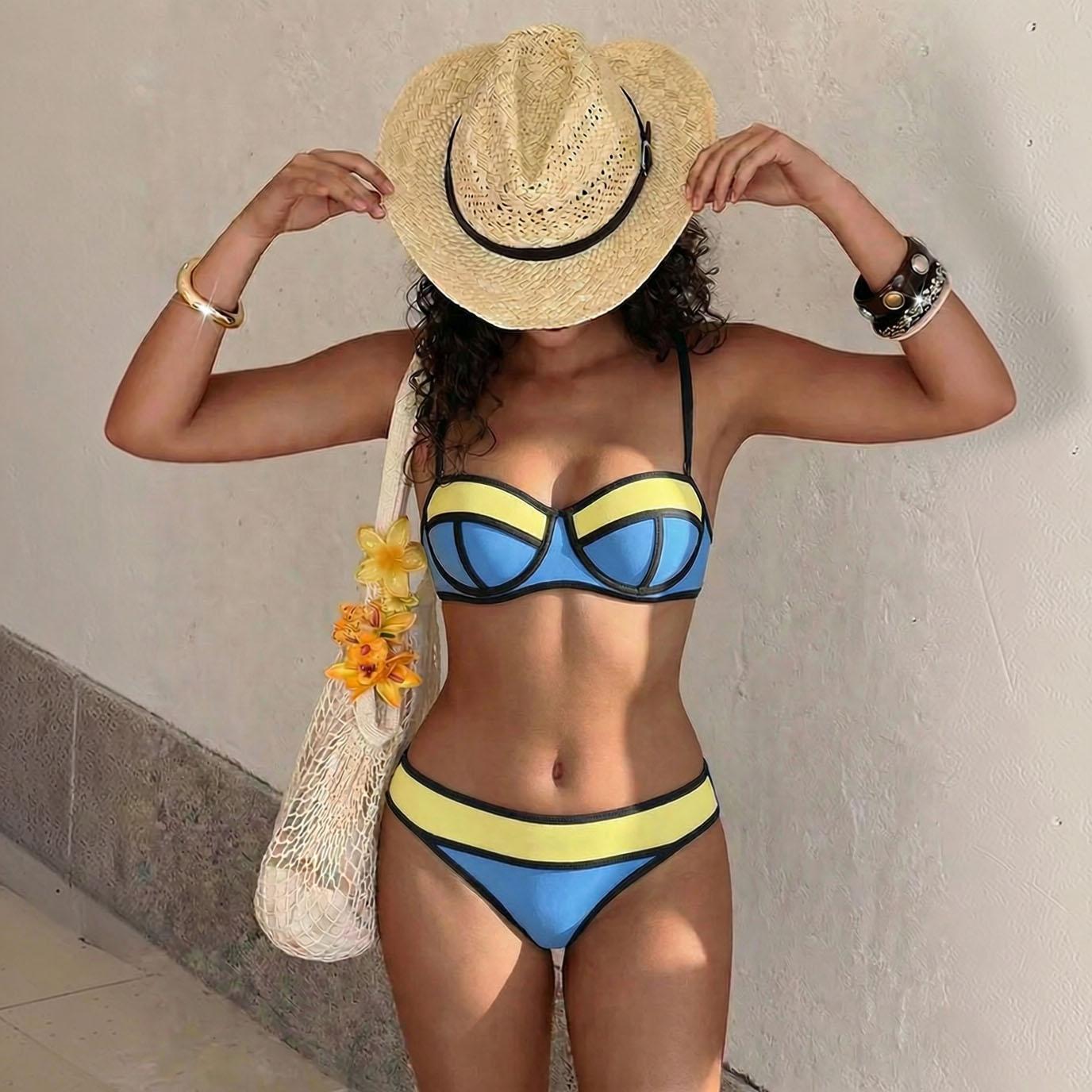 LikeMyChoice 2-Piece Color-Block Bikini Set 90s Retro Sporty Strappy Swimsuit with Contrast Trim Minimalist Pink & Blue Swimwear for Beach Pool & Summer Vacation