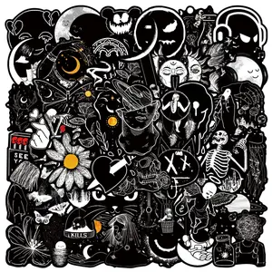 50pcs Gothic Stickers Pack, Black and White Skull Stickers for Water Bottle Laptop Luggage Skateboard Planner Scrapbooking, Waterproof Vinyl Horror Decals for Teens Adults (Black-A)