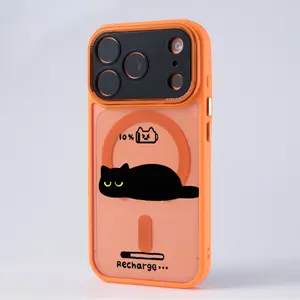 Cute black cat, low battery warning, restart reminder Case for iPhone 17 16 15 14 13 12 11 Pro Max Plus MagSafe Cosmic Orange Soft Bumper Metal Camera Protection Acrylic Back Anti Drop Shockproof