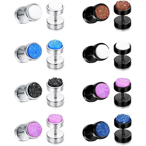 Sanfenly 8 Pairs Stainless Steel Round Flat Fake Gauges Illusion Tunnel Dumbbell Earrings for Women Men, Dot Stud Fake Plugs, Punk Style Earrings Set