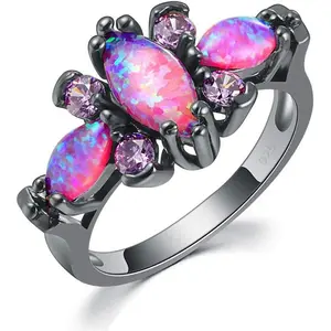 Black Gold Plated Purple Opal & Amethyst Ring for Women Ladies Big Gemstone Promise Ring Jewelry Gift