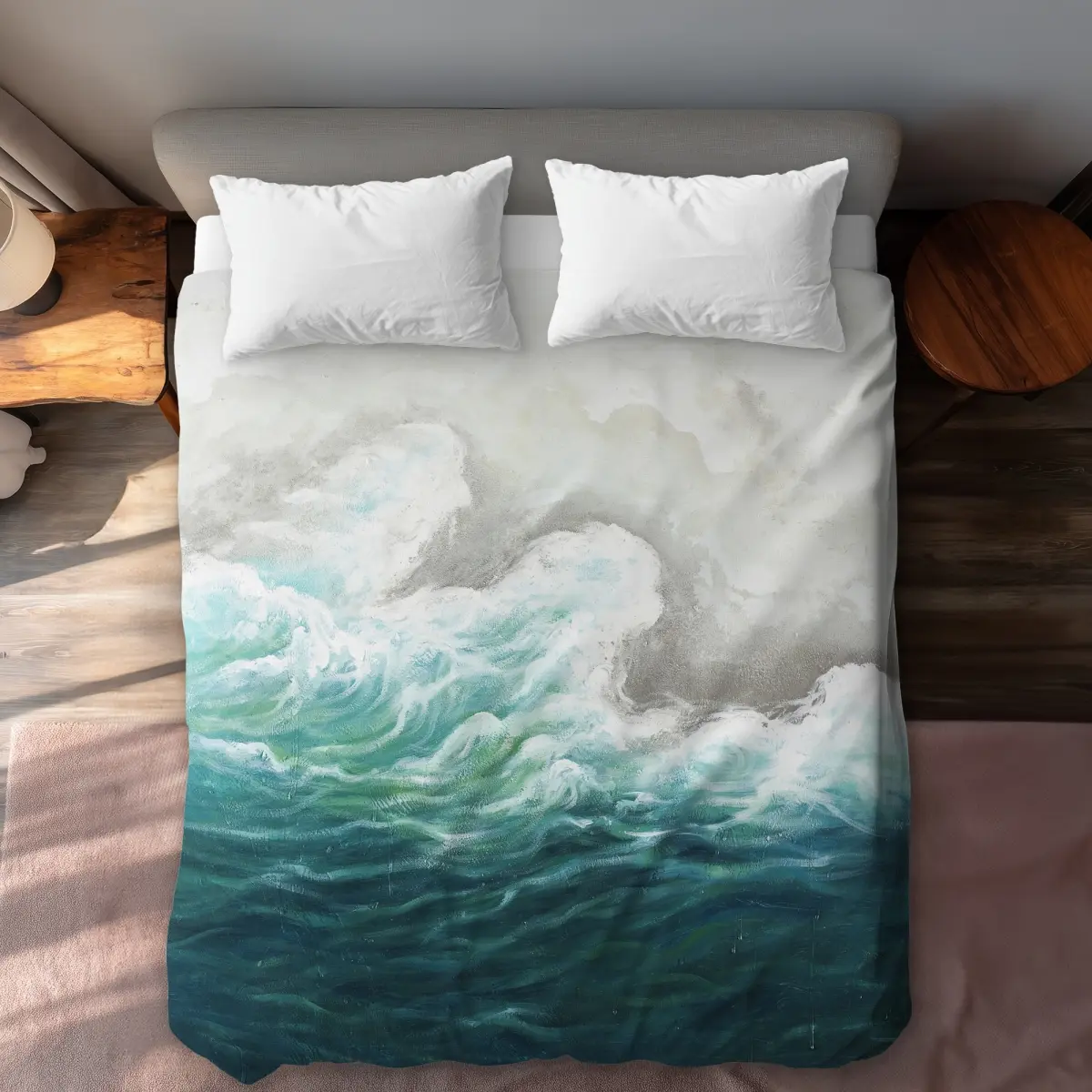 360 Stand Turquoise Queen Size Microfiber Decorative Duvet Cover - Breathable Duvet Set, 360-Degree Stand Design, Seaside Marine Waves Print, Sea-Themed Accessories, Machine Washable, Coastal Vibe, Fits Queen Beds & Comforters, Machine Washable Duvet