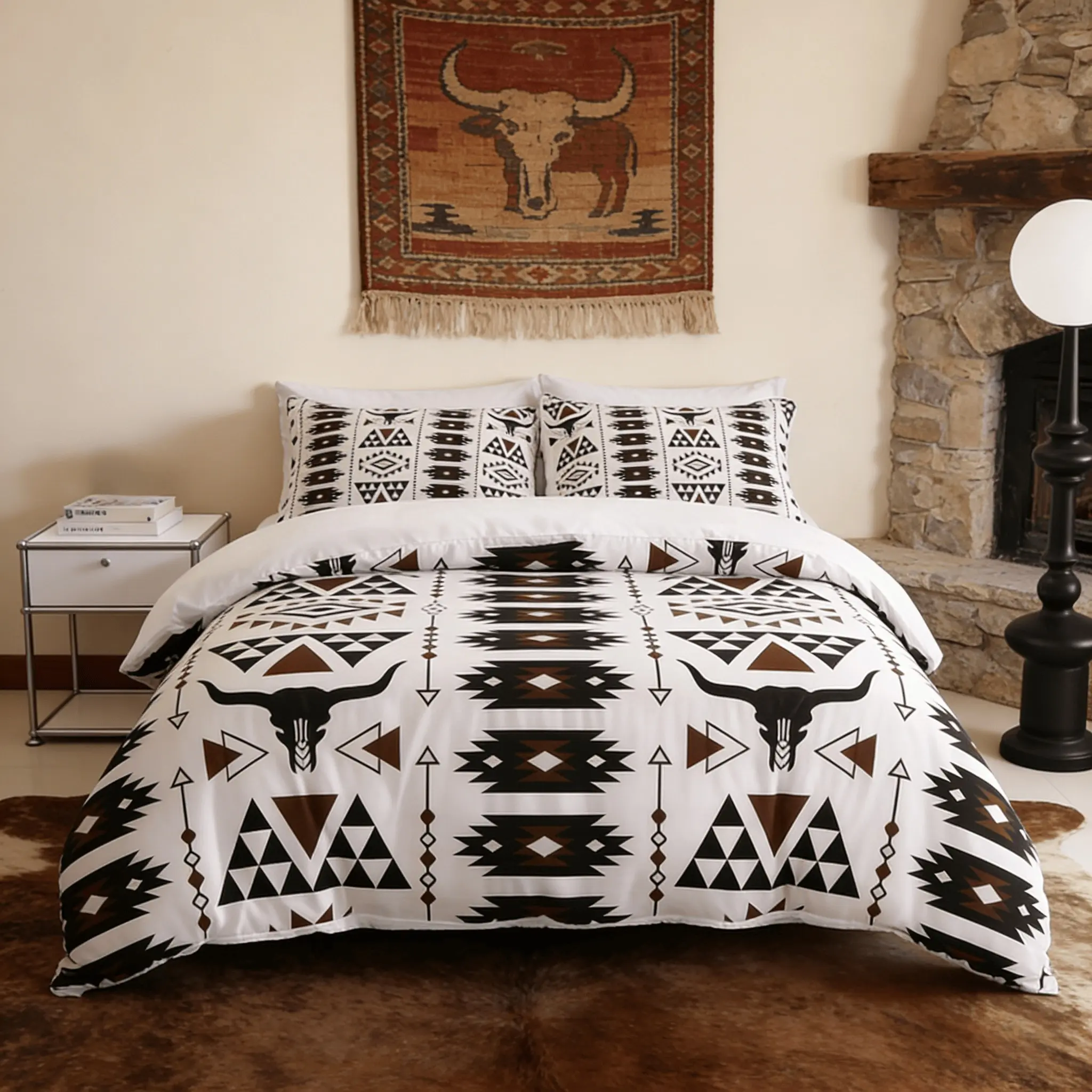 3-Piece Boho Bull Print Duvet Cover Set, 1 Duvet Cover + 2 Pillowcases, No Insert, Hidden Zipper, Easy Care, Soft & Breathable Fabric for All Seasons, Comfy Bedding Sets