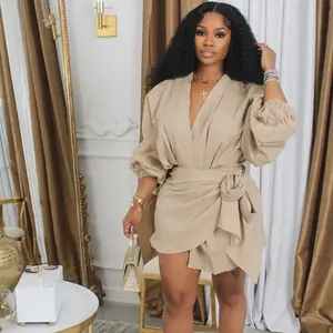 summer autumn clothes Party Wrap Mini Dress Women Lantern Sleeve V-neck Bow Tie Lace-up Slim Ruched Short Dresses Birthday Light Womenswear