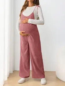 Maternity Casual Spaghetti Strap Long Jumpsuit With Bow Tie, Pregnancy Friendly cute outfits affordable clothes twin peaks