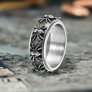 GTHIC Gothic Spider Pattern Stainless Steel Spinner Ring for Men Women Statement Accessories for Daily Wear