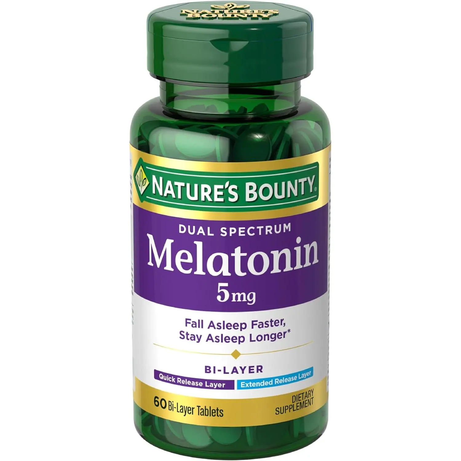 Nature's Bounty Melatonin 5mg Dual Spectrum, 60 Bi-Layer Tablets | 100% Drug Free Sleep Supplement, Quick Release and Extended Release, Promotes Relaxation and Sleep Health