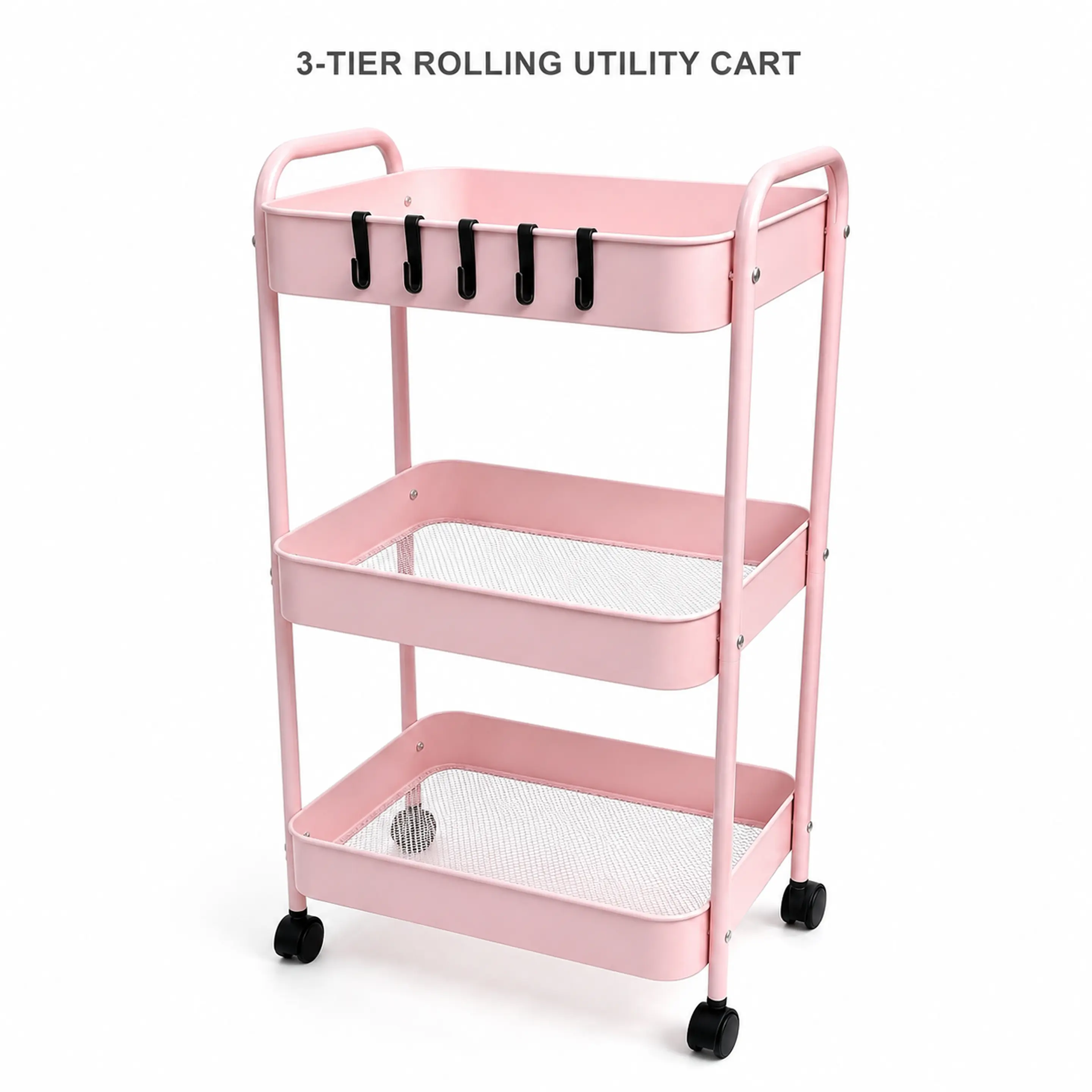 Pink 3-Tier Mobile Rolling Utility Cart - Hollow Iron Mesh Organizer for Home, Salon (Rental Dwellers), with Smooth Lockable Casters, Prevents Water & Dust Buildup, Sorts Small Items, Tidies Up Space (Home Organizers, Storage Holders & Racks)