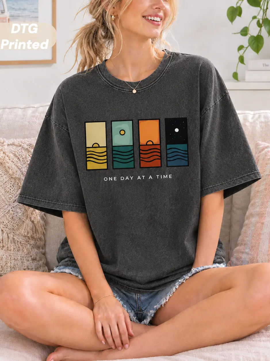 MUSEBEAU Acid Wash Vintage One Day At A Time Graphic T-Shirt, Minimal Retro Daily Womenswear Casual Tee,Short-Sleeve Menswear Top Heavyweight 100% Cotton Loose-Fit Baggy Streetwear Unisex Crewneck Tshirt,Breathable Summer Outfit,back to school shopping