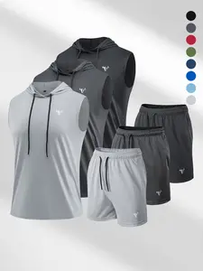 Men's Sporty Fitted Suit Set, Sleeveless Drawstring Hoodie, Soft Polyester Knit Pants, Breathable Quick-Dry Fitness Wear, Athletic Fashion Activewear, Sweatsuit Sets