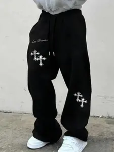Tiktok Trend Gothic Cross Joggers, Casual Streetwear Trousers, Soft Comfortable Home Casual Wear, Religious Print Dark Street Style Set, Perfect for Relaxing at Home