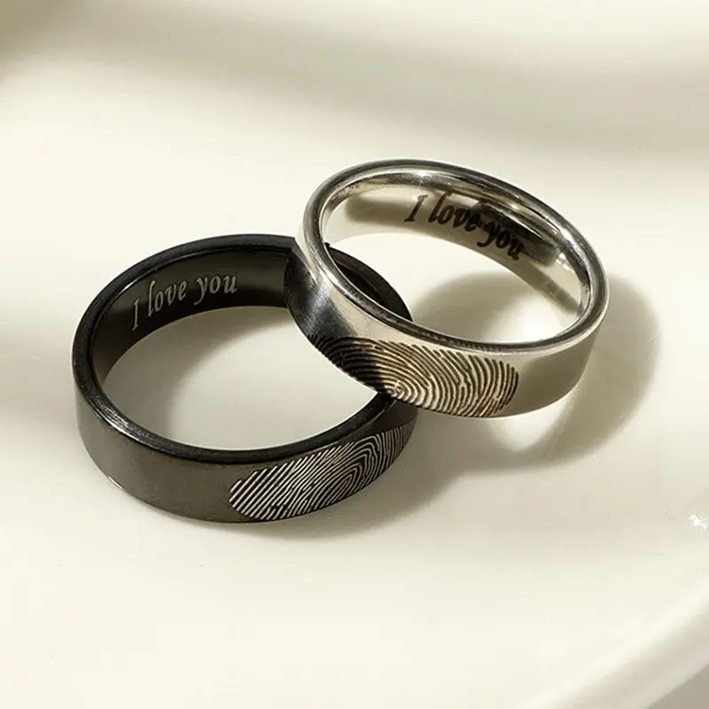 Original Design Black Silver Color Stainless Steel Heart Fingerprint Couple Rings for Women Men Personality Jewelry Friend Gift