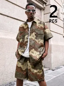 Trendy Men's 2-Piece Grey Camo Set, Short Sleeve Button-Up Shirt & Drawstring Shorts, Edgy Streetwear Matching Outfit for Street Style & All-Day Daily Wear #MensStreetwearSet #CamoAestheticFashion #VersatileMatchingSet