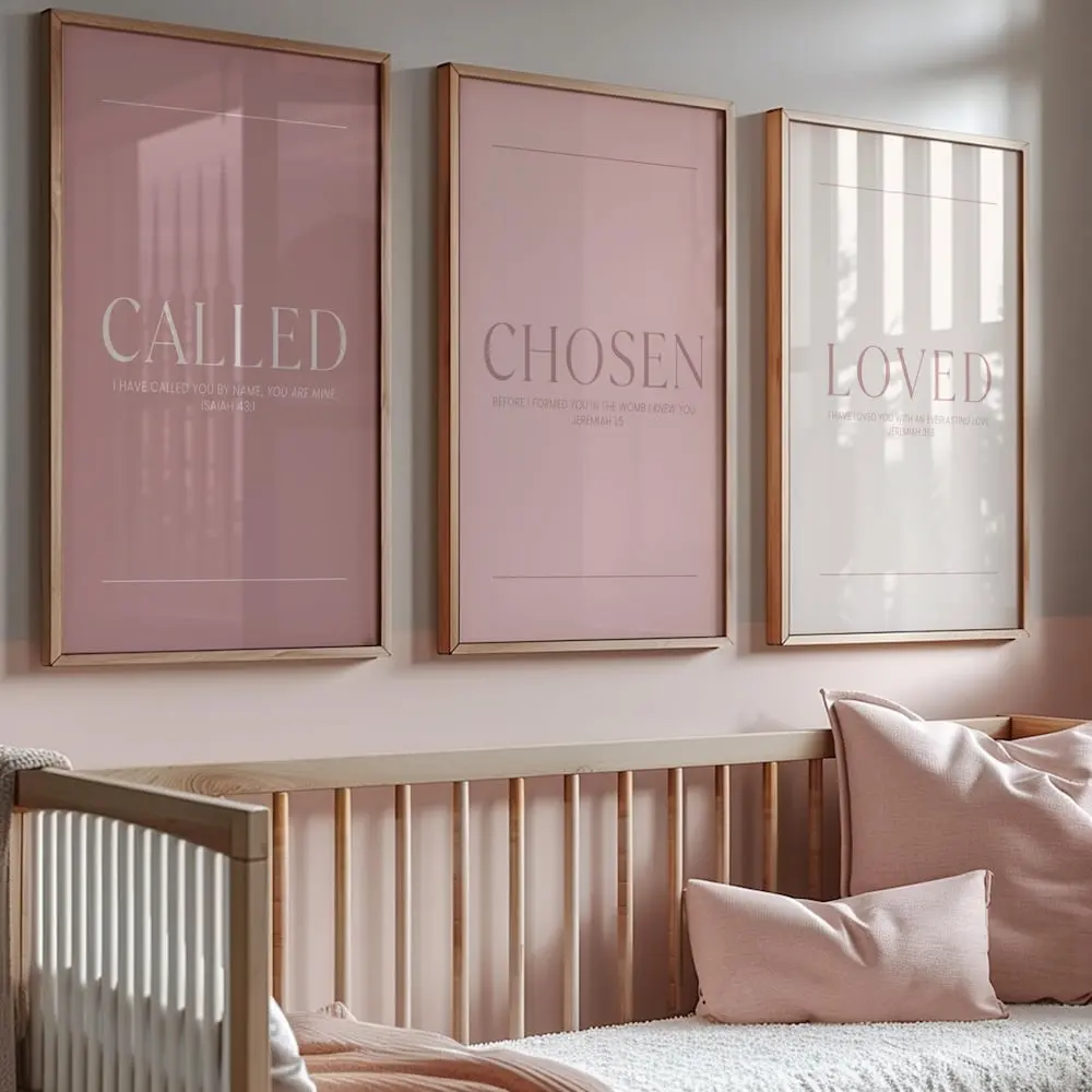 Called Chosen Loved Printable Wall Art, Christian Nursery Decor, Bible Verse Set of 3, Blush Pink & Cream Scripture Prints, Baby Girl Room